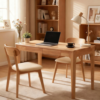 Solid Wood Desk with Drawers, Standing Desk with Smooth Edges, Home Office Desk for Small Spaces, Mid Century Modern Desk for Study, Bedroom, Living Room, Office, (Natural Wood Color) image 3