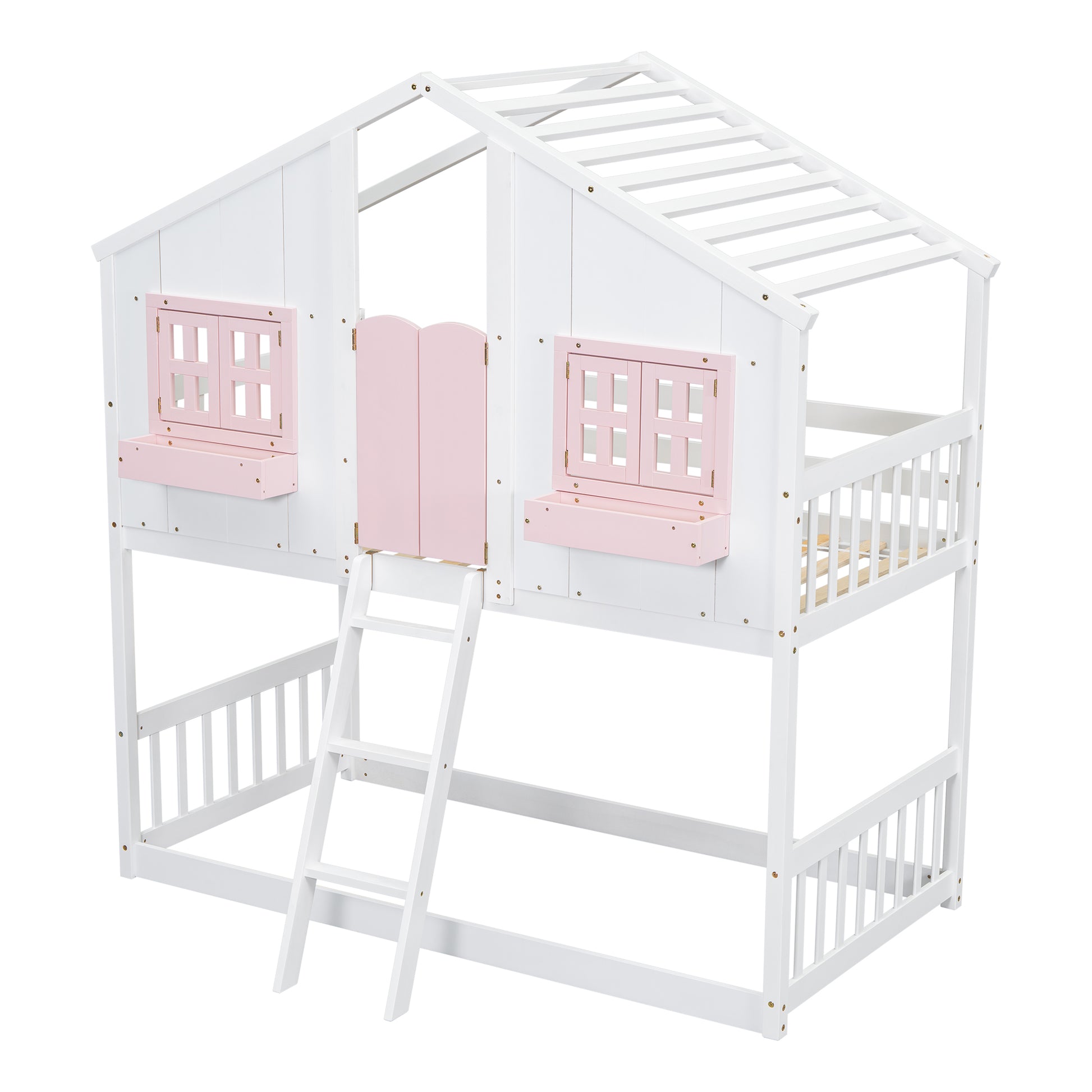 Twin over Twin House Bunk Bed with Roof, Window, Window Box, Door, with Safety Guardrails and Ladder, Pink/White image 12