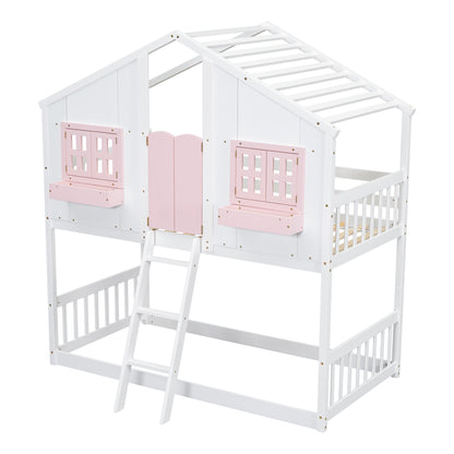 Twin over Twin House Bunk Bed with Roof, Window, Window Box, Door, with Safety Guardrails and Ladder, Pink/White image 12