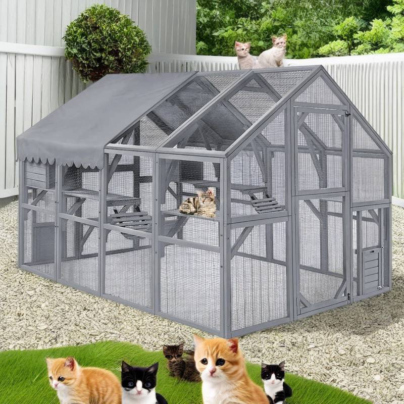 Large Catio Outdoor Cat Enclosure,Large Cat Run with Bridges,Walks,Wooden Feral Cats Shelter with Waterproof and UV Proof Canopy image 1