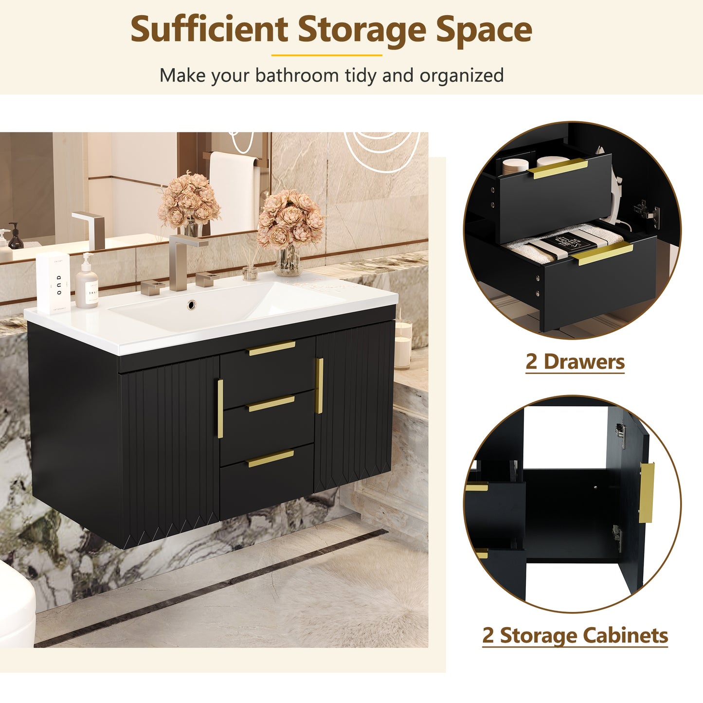 36'' Wall Mounted Bathroom Vanity with Resin Sink, Floating Bathroom Storage Cabinet with 2 Drawers, Solid Wood Bathroom Cabinet (Same as N710S236003B) image 7