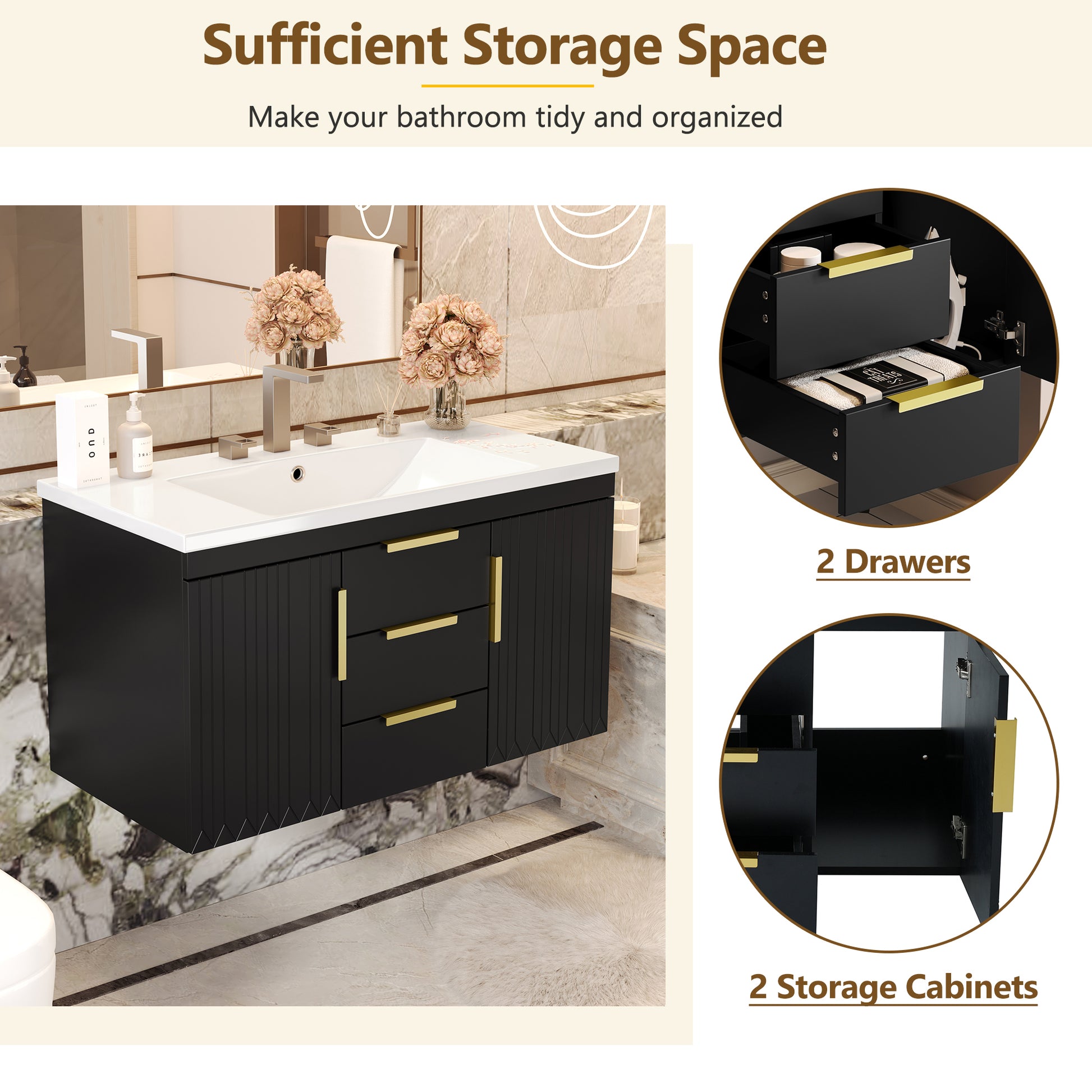 36'' Wall Mounted Bathroom Vanity with Resin Sink, Floating Bathroom Storage Cabinet with 2 Drawers, Solid Wood Bathroom Cabinet (Same as N710S236003B) image 7