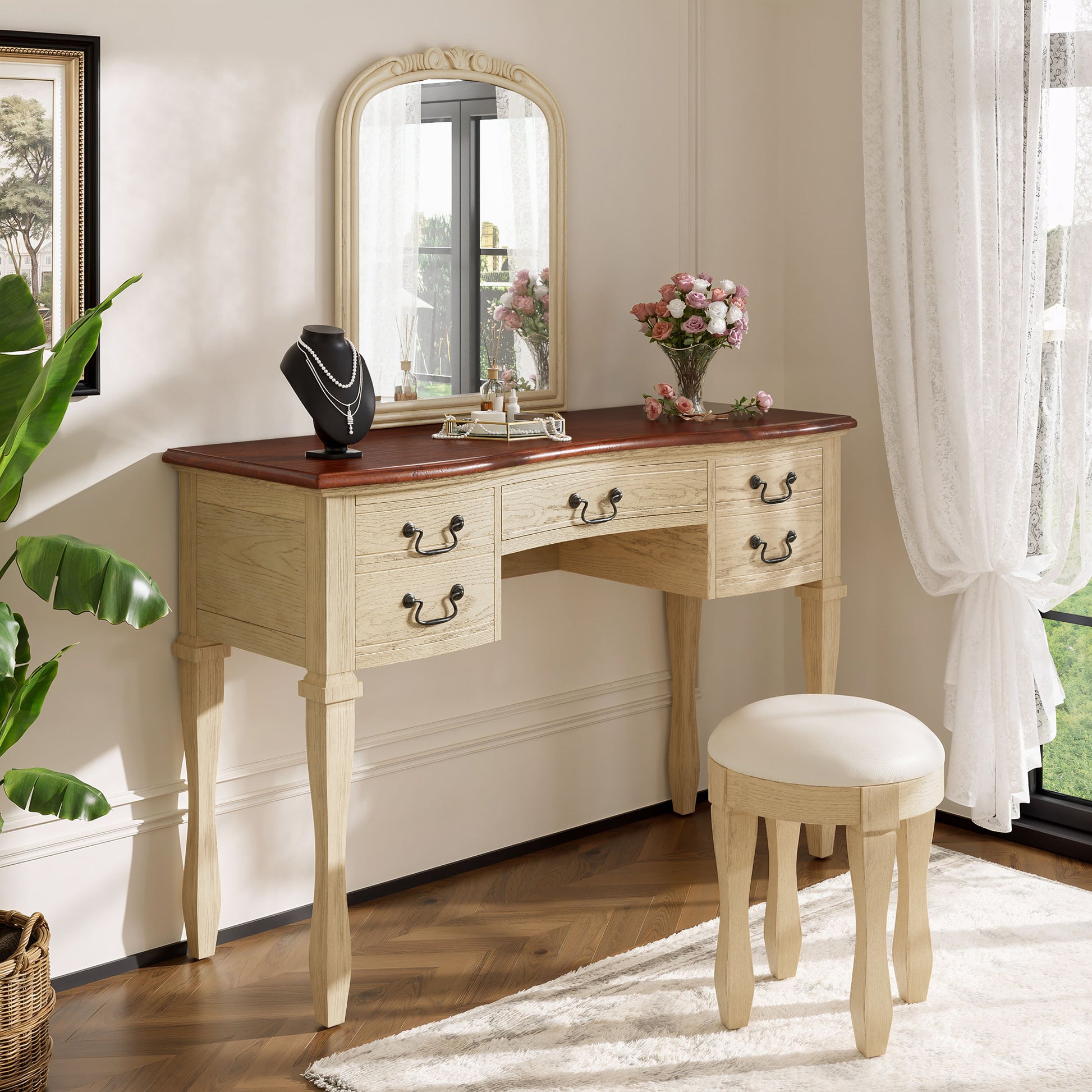 46" Vintage Makeup Vanity with Curved Flower Frame Mirror, Elegant Dressing Table with 5 Drawers and Leather Stool, Vanity Desk with Solid Wood Legs and Antique Handles for Bedroom image 3