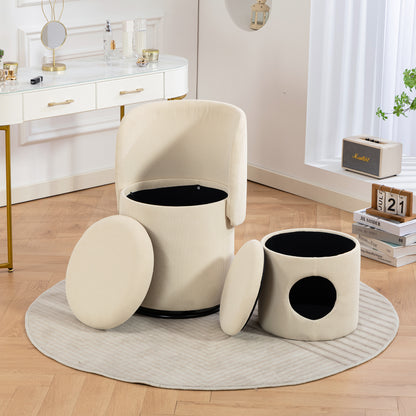 Decorative chair with storage, 360° rotating corduroy vanity & dining chair, soft padded seat, free cat bed stool included, beige, ideal for bedroom, dressing room and living room. image 9