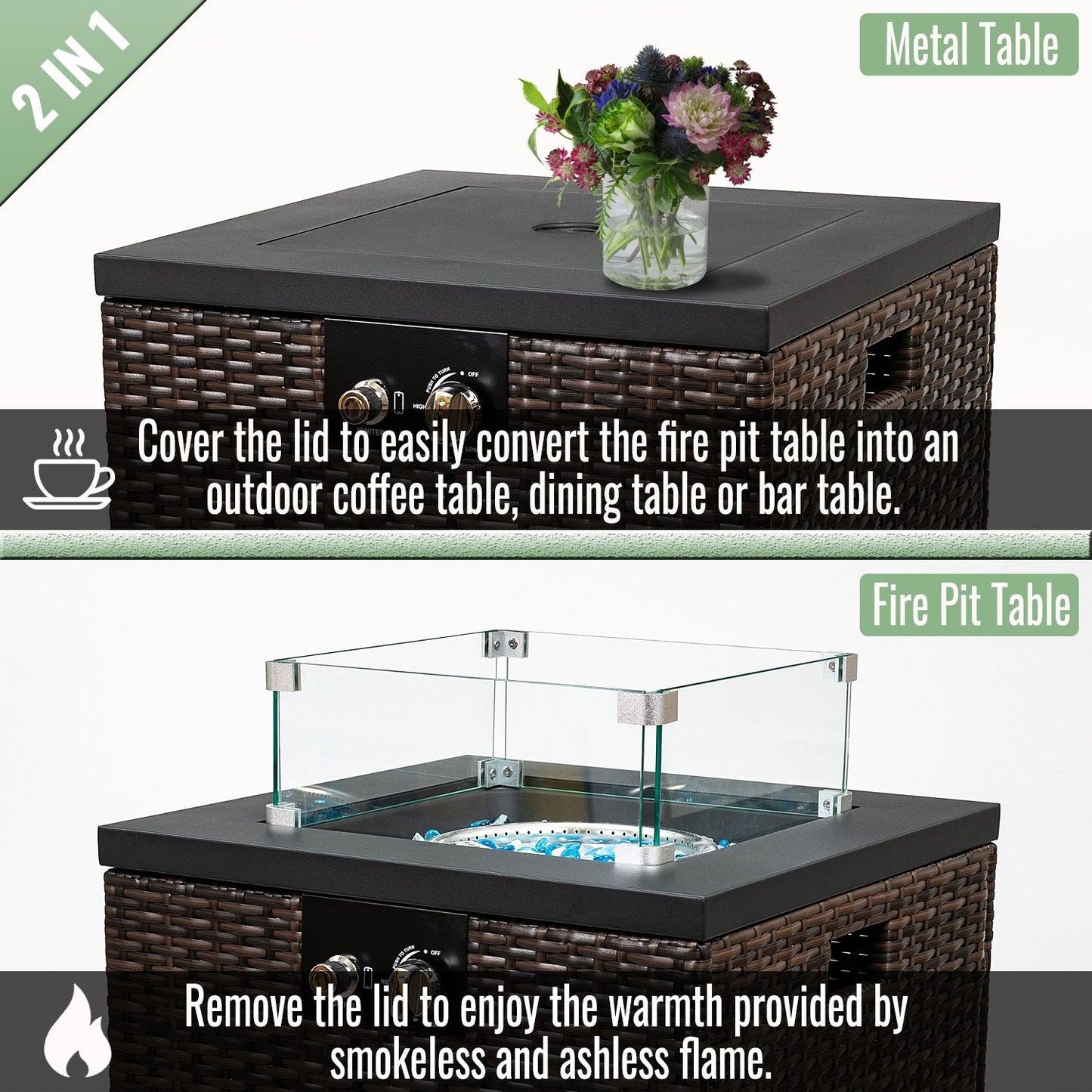 22" Propane Gas Fire Pit Table, 50000 BTU Square Steel Fire Pit with Beautiful Wicker Base for Outside Patio Deck Garden image 4
