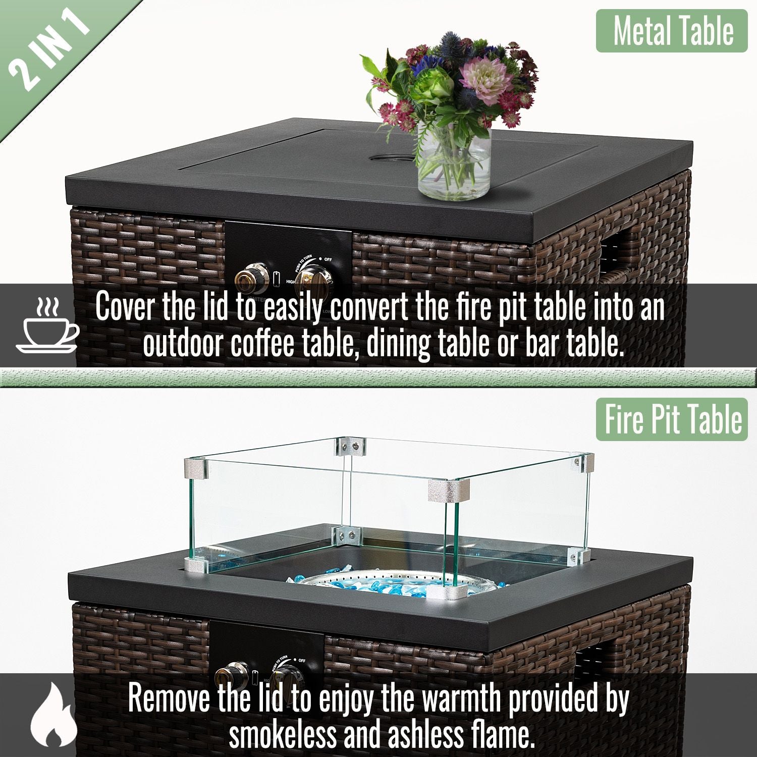 22" Propane Gas Fire Pit Table, 50000 BTU Square Steel Fire Pit with Beautiful Wicker Base for Outside Patio Deck Garden image 4