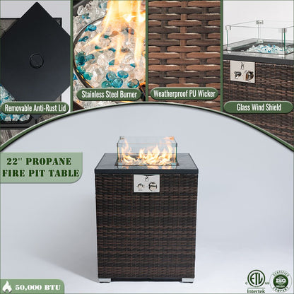 22" Propane Gas Fire Pit Table, 50000 BTU Square Steel Fire Pit with Beautiful Wicker Base for Outside Patio Deck Garden image 14