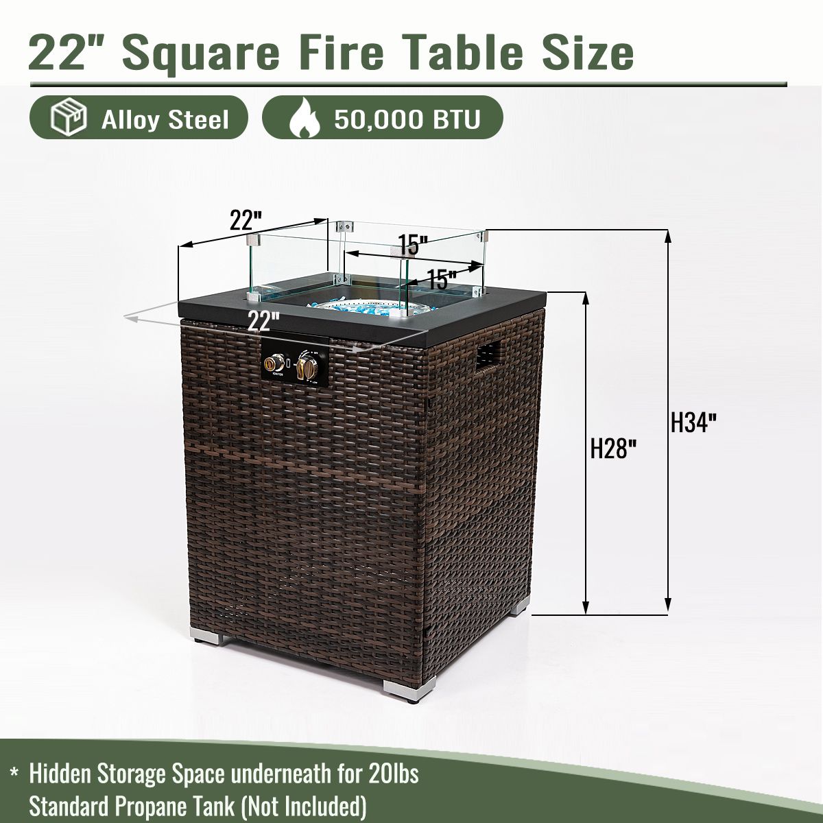 22" Propane Gas Fire Pit Table, 50000 BTU Square Steel Fire Pit with Beautiful Wicker Base for Outside Patio Deck Garden image 13