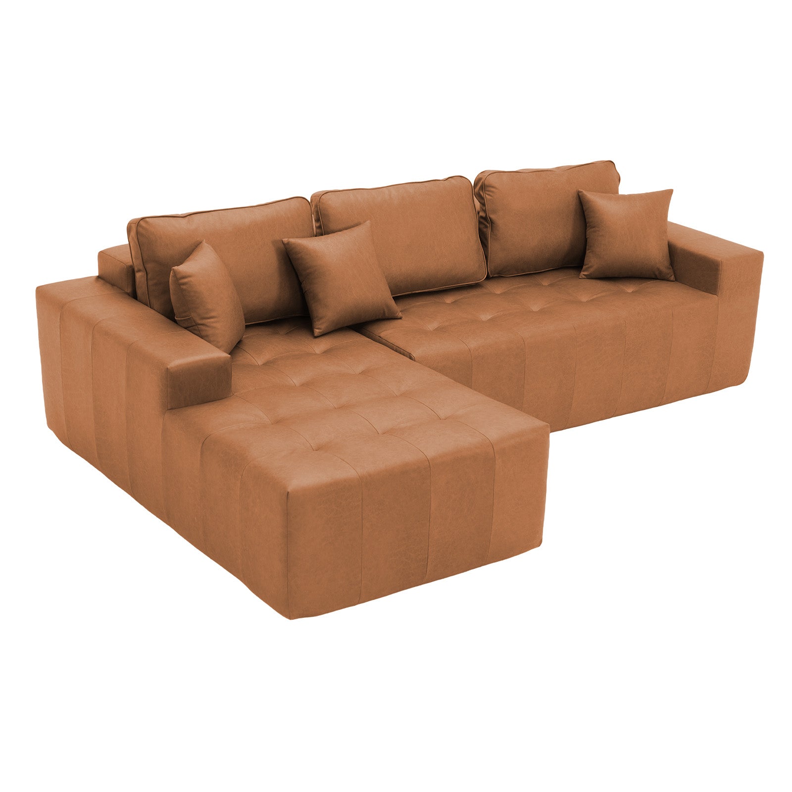 Faux Leather Corner Chaise Compression Sofa Bed, L-Shaped Sectional Couch with High-Density Sponge, No-Assembly Required Convertible Sofa for Living Room, Apartment, Guest Room(Light Brown) image 5