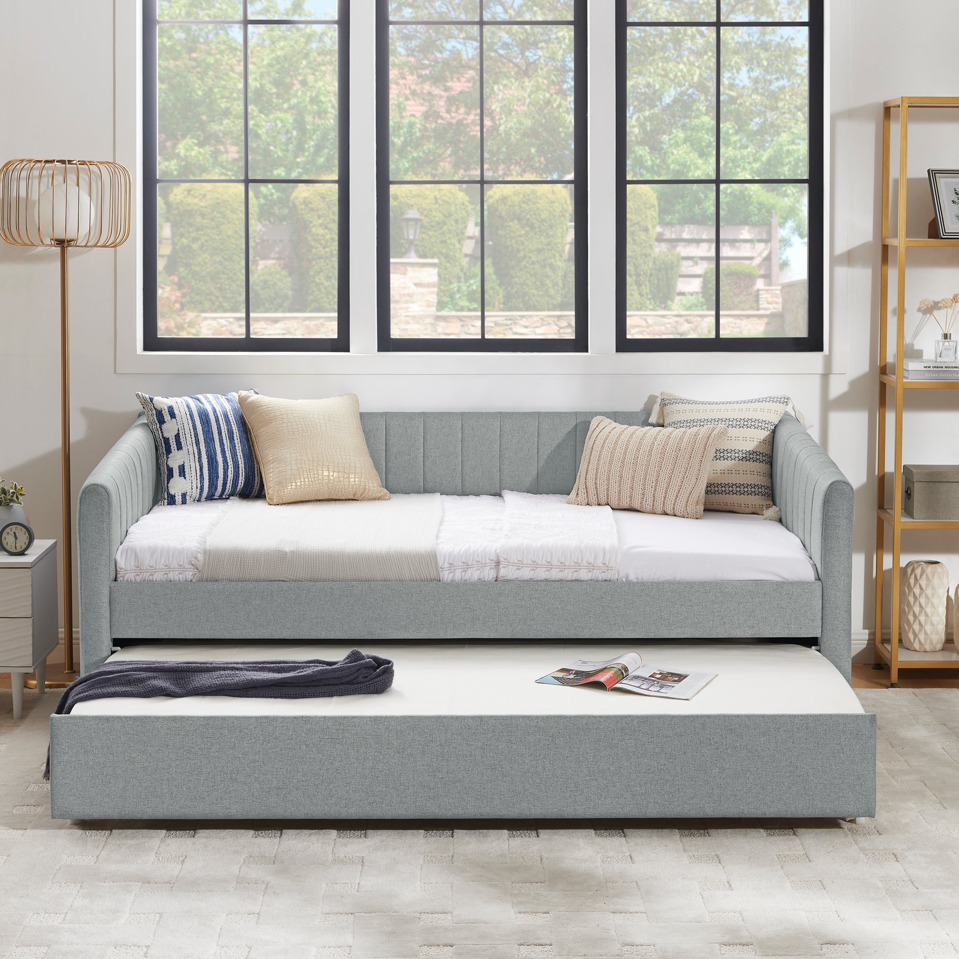 Twin Size Daybed with Trundle Upholstered Sofa Bed, with Vertical Stripes, Linen Fabric, Grey (82.5"x43"x30") image 4
