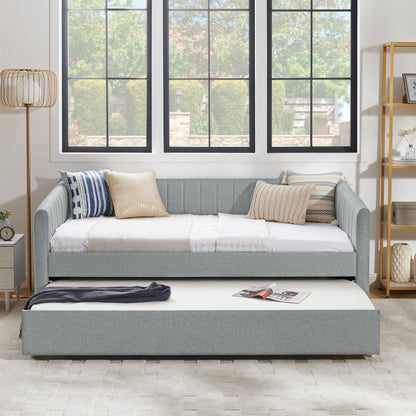 Twin Size Daybed with Trundle Upholstered Sofa Bed, with Vertical Stripes, Linen Fabric, Grey (82.5"x43"x30") image 4
