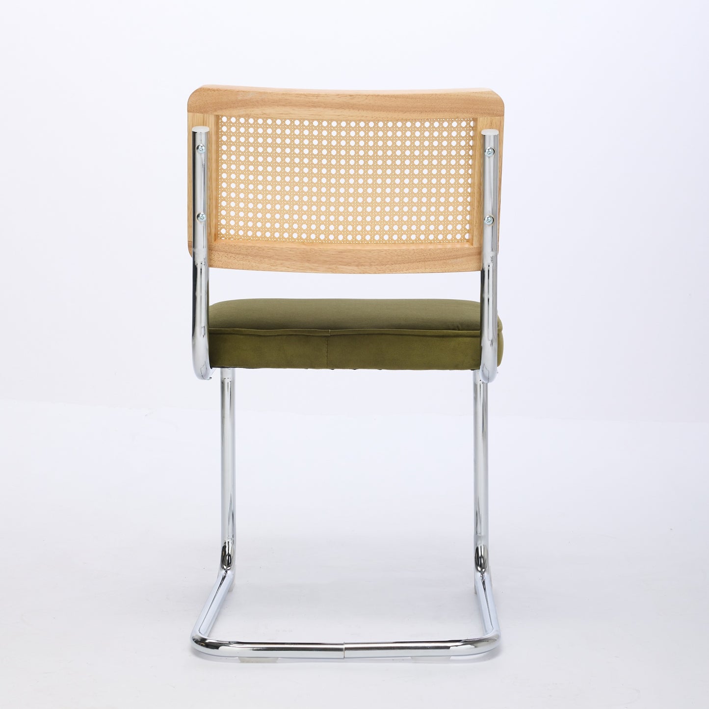 Mid Century Modern Dining Chairs Set of 2, Velvet Accent Chairs with Natural Cane Back & Stainless Chrome Base, Famous Breuer Designed Chairs, Upholstered Rattan Kitchen Chairs,Olive-Green image 6