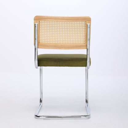 Mid Century Modern Dining Chairs Set of 2, Velvet Accent Chairs with Natural Cane Back & Stainless Chrome Base, Famous Breuer Designed Chairs, Upholstered Rattan Kitchen Chairs,Olive-Green image 6