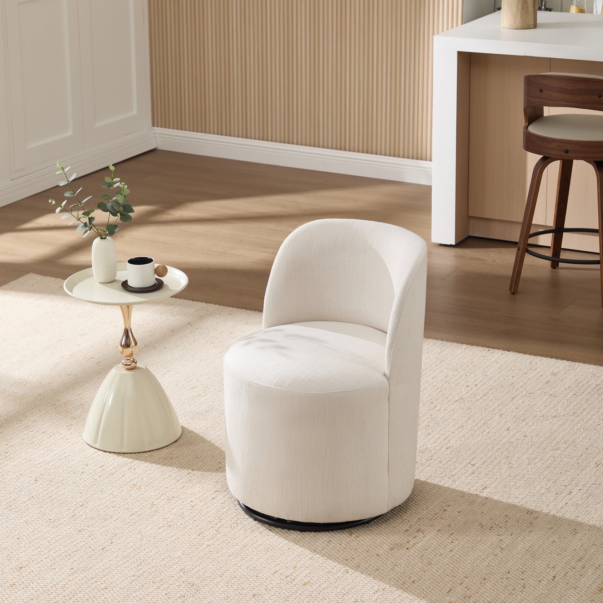 Set Of 1 Upholstered Kitchen & Dining Room Barrel Chair, Mid Century Modern Round Linen Dining Chair, 360 Degree Swivel Comfy Armless Accent Makeup Vanity Side Chair for Bedroom Living Room image 4