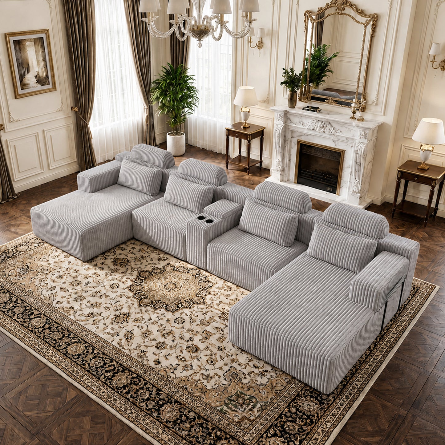 Modern Gray Velvet U-Shaped Velvet Sectional Sofa - 3-Piece Living Room Set with Chaise Lounge & Cup Holders - 145.7"/370cm Extra Large Modular Sofa for Home Theater, Family Room, Luxury Living Space image 2