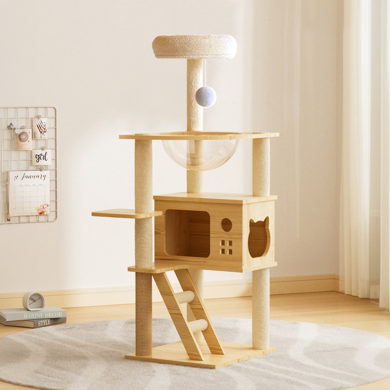 48.8" Modern Cat Tower, Wood Cat Tree Tower for Indoor Cats, Cat Treewith Sisal-Covered Scratching Posts and Top Perch, Cat Condo with Acrylic Hammock for Small Large Cats image 4