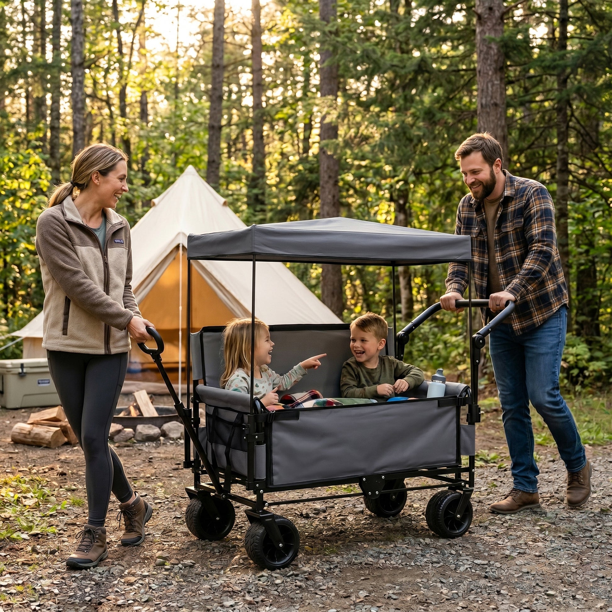 3-in-1 Folding Wagon Cart with Bench Seat & Canopy & Storage, 500lbs Heavy-Duty, 180L Capacity, All-Terrain Wagon for Camping, Beach, Sports, & Garden, Gray image 3