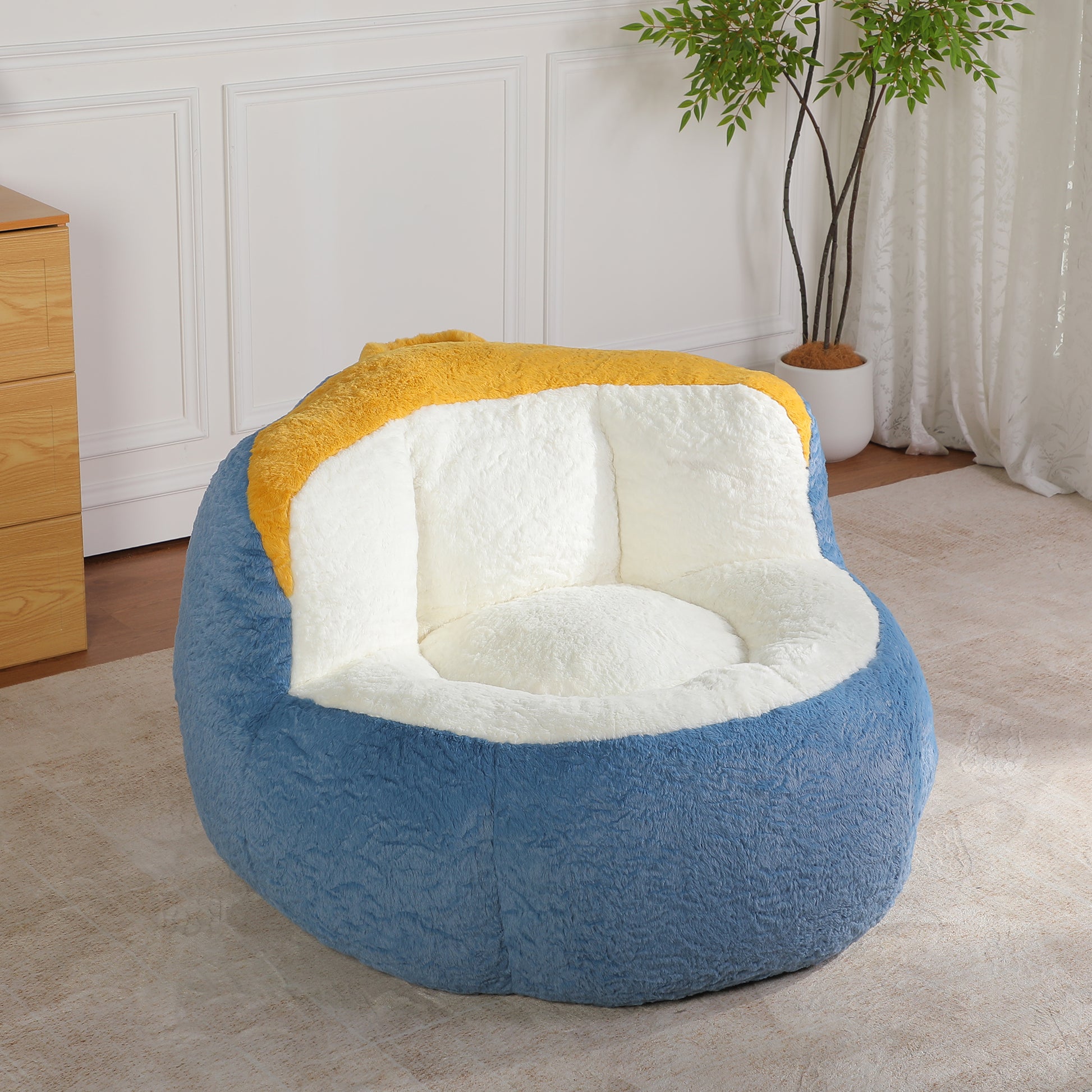 Oversized Bean Bag Chairs,Multicolor Faux Fur Couch Filled with Shredded Sponge,Large Lounger Sofa For Living Room,No Assembly Required, Blue+White+Yellow image 3