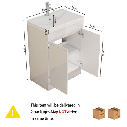 24-Inch Bathroom Vanity With Sink Combo, 2 Doors Bathroom Cabinet, With Shelf,Handle Free Design,Unique Thick-Edged Ceramic Basin,Soft Close System Hinge,Easy Assemble,Glossy White image 10