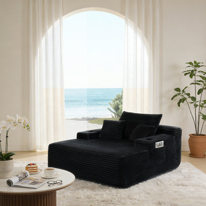 NEW Convertible Chaise Lounge Chair Plush with Wide Armrest & Throw Pillows, Cozy Boneless Sleeper Sofa Bed Armchair, with cup holder,for Living Room, Bedroom, No Assembly Required,Black image 3