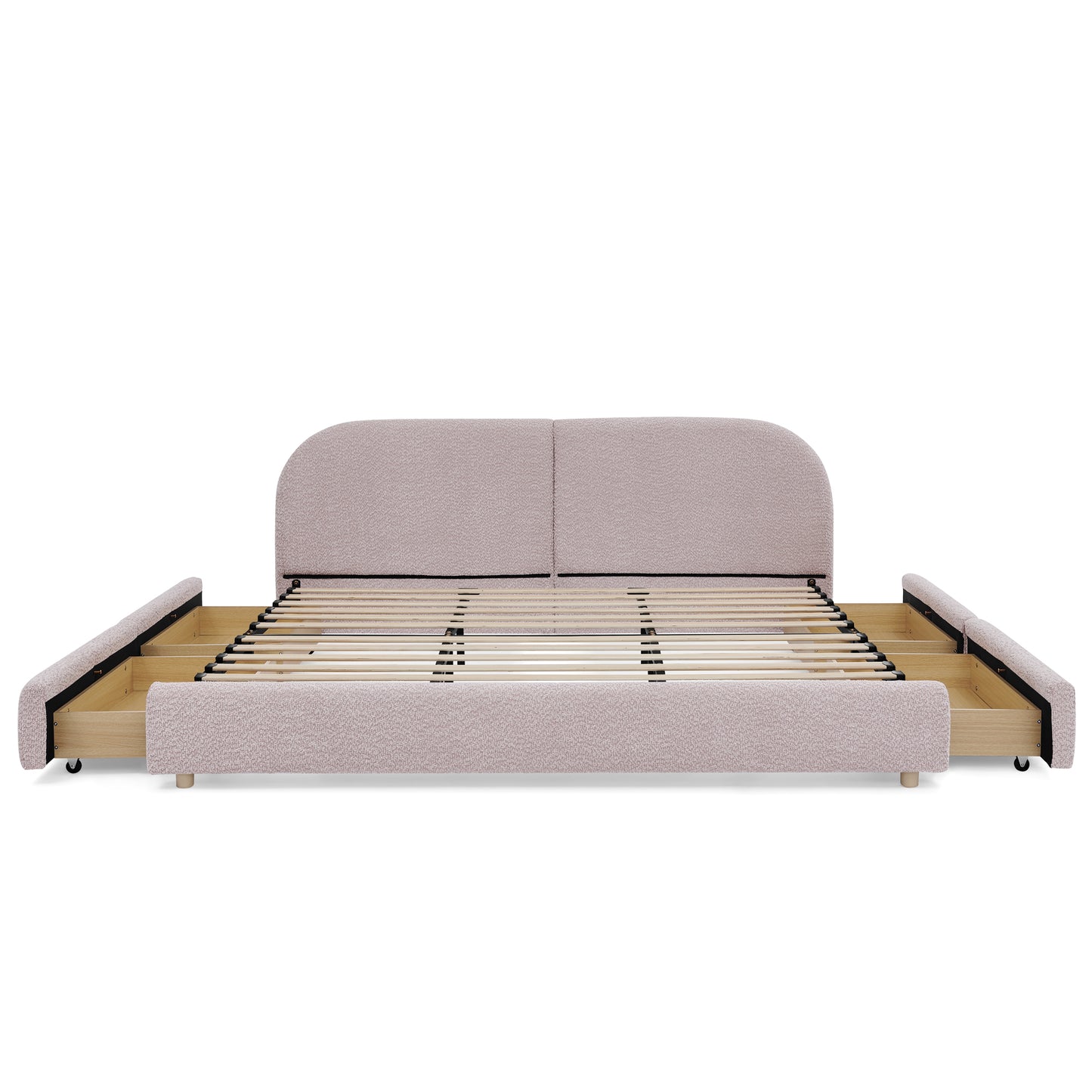 King Size Upholstered Bed Frame Modern Minimalist Style - Circle Yarn Fabric, Tall Curved Headboard, Sturdy Leg Support & Wheeled Drawer Storage, Mattress Not Included - Pink image 11