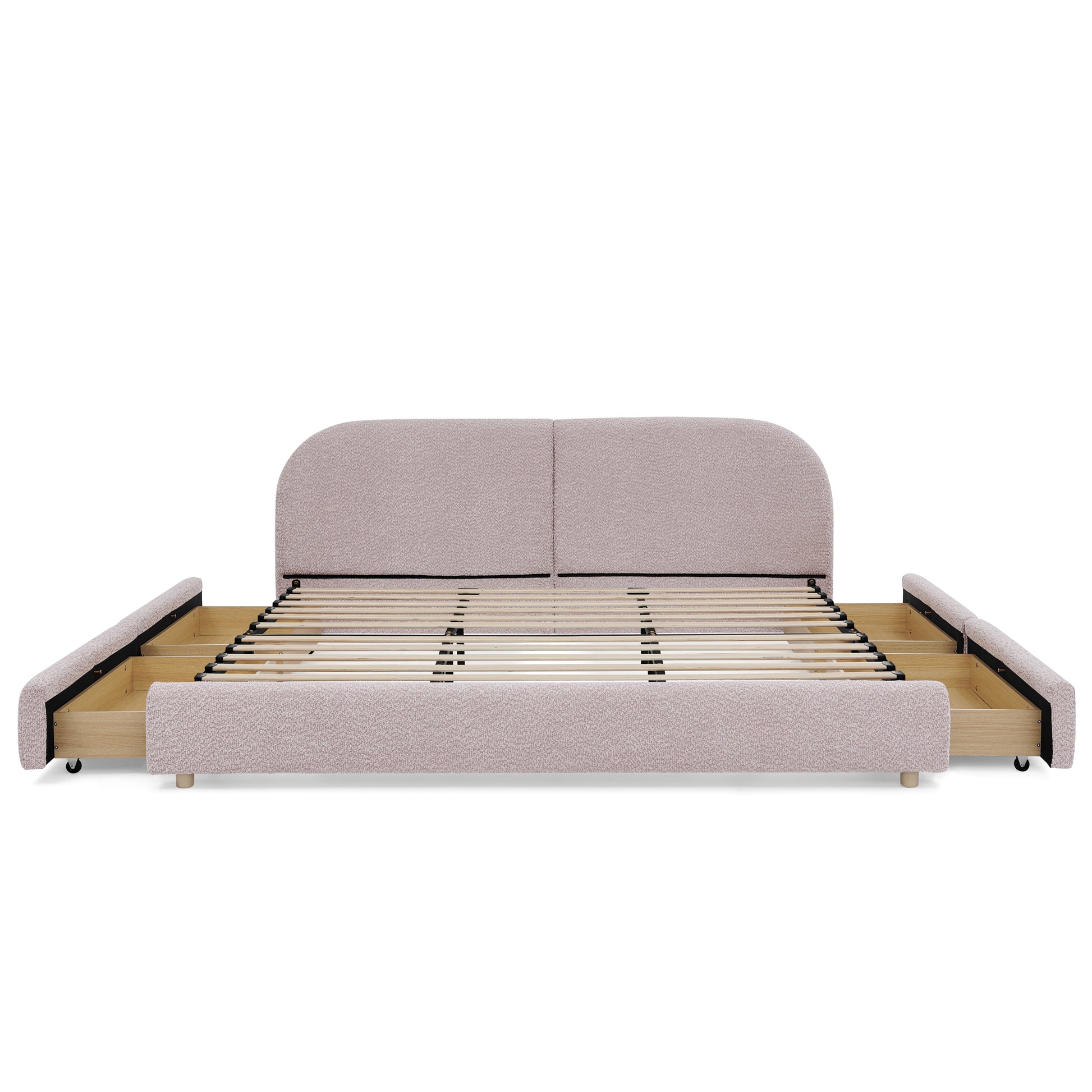 King Size Upholstered Bed Frame Modern Minimalist Style - Circle Yarn Fabric, Tall Curved Headboard, Sturdy Leg Support & Wheeled Drawer Storage, Mattress Not Included - Pink image 11