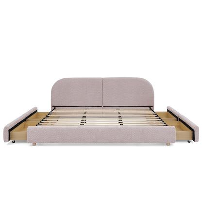 King Size Upholstered Bed Frame Modern Minimalist Style - Circle Yarn Fabric, Tall Curved Headboard, Sturdy Leg Support & Wheeled Drawer Storage, Mattress Not Included - Pink image 11