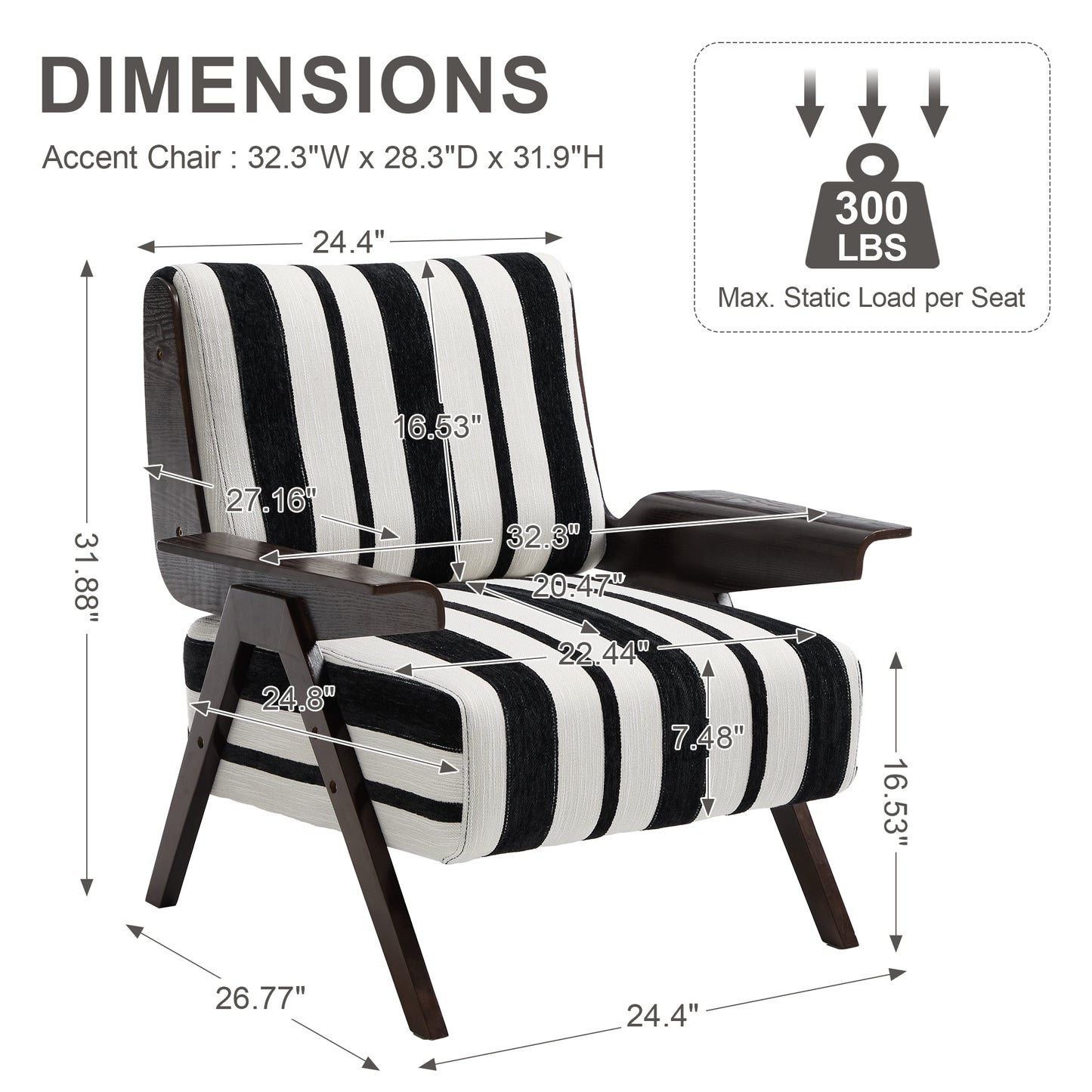 Modern armchair Widened armrests on both sides Solid wood legs Comfortable to sit on, casual reading chair, living room, bedroom, office Black and white stripes(One Pack) image 5