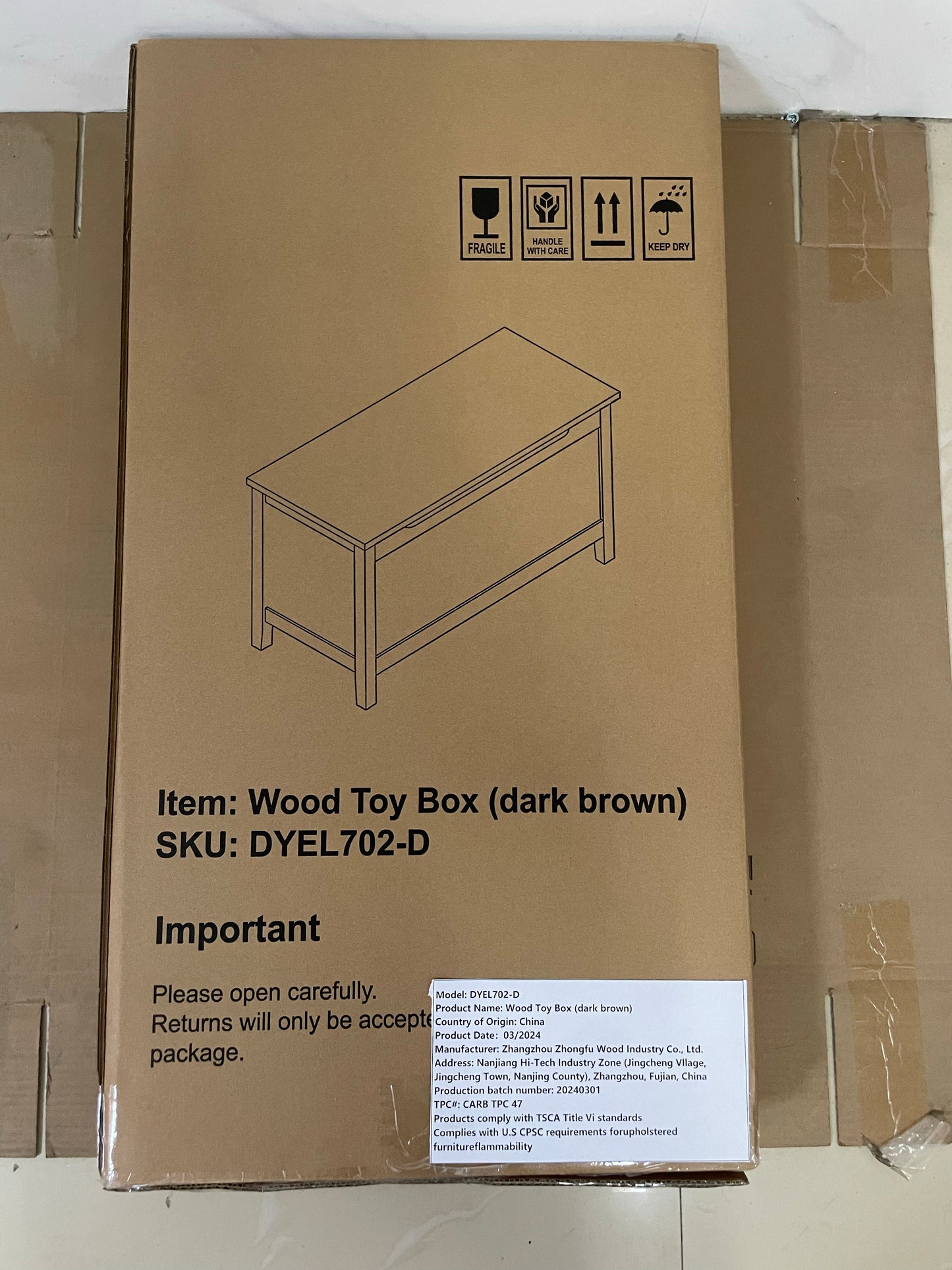 Kids Wooden Toy Box Storage with Safety Hinged Lid for Ages 2+ (Coffee) image 3