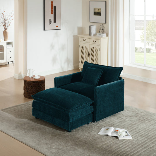 Modern Accent Chair with Ottoman, Living Room Club Chair Chenille Upholstered Armchair, Reading Chair for Bedroom, Blue Chenille image 1