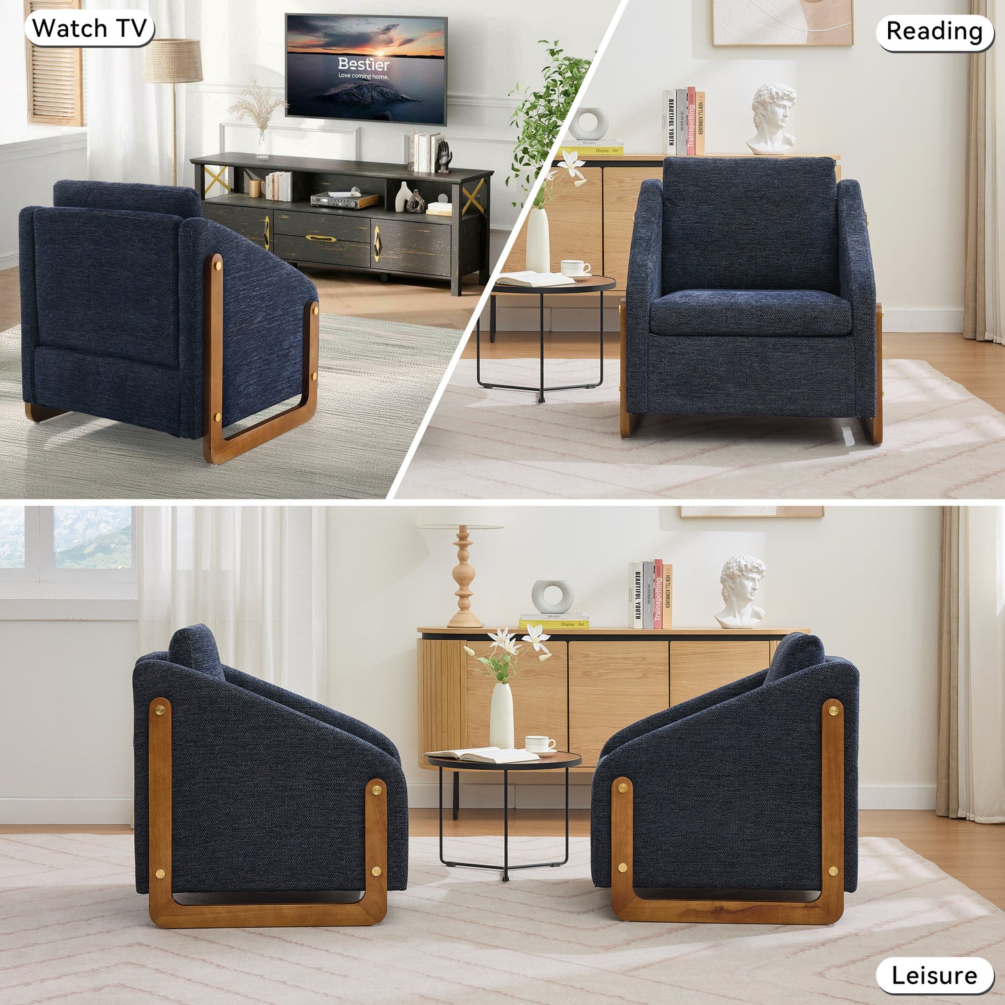 057-Set of 1 Chenille Fabric Modern Upholstered Armchair with Wooden Side Frame, Accent Leisure Chair with Cushioned Seat and Backrest for Living Room, Bedroom,Blue image 5