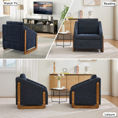 057-Set of 1 Chenille Fabric Modern Upholstered Armchair with Wooden Side Frame, Accent Leisure Chair with Cushioned Seat and Backrest for Living Room, Bedroom,Blue image 5