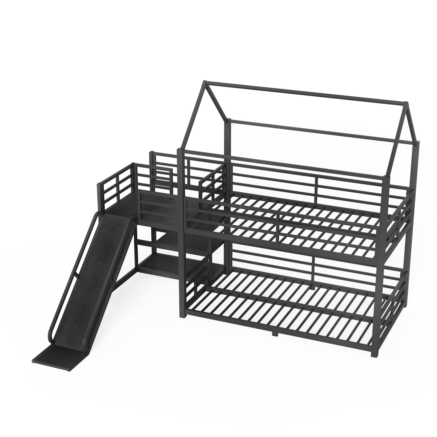 Twin metal House Bunk Bed with Storage Stairs, Slide, Safety Rails, Black image 9