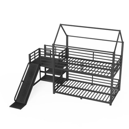 Twin metal House Bunk Bed with Storage Stairs, Slide, Safety Rails, Black image 9