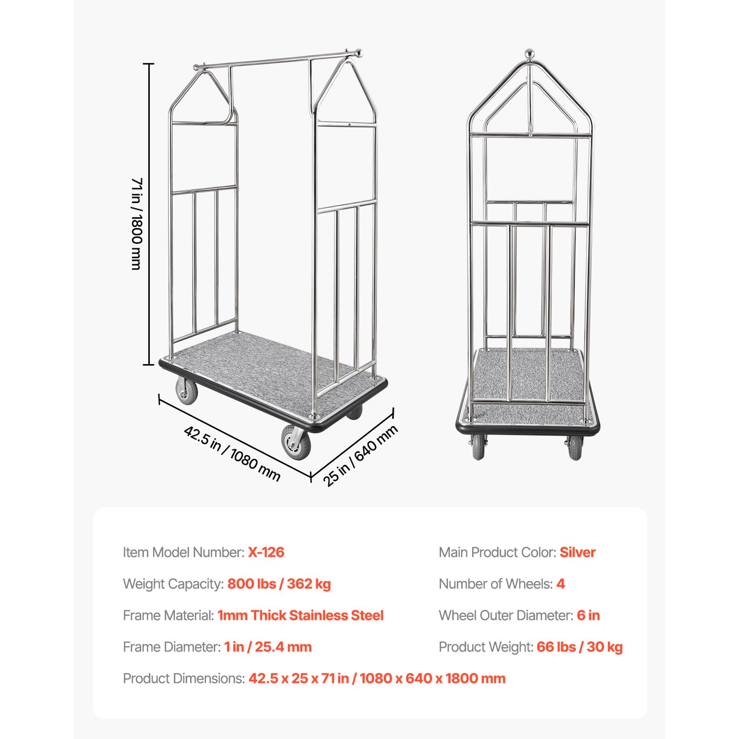 Hotel Luggage Cart 800 LBS Brushed Stainless Steel Finish Bellman's Cart - Non-slip Carpet Base