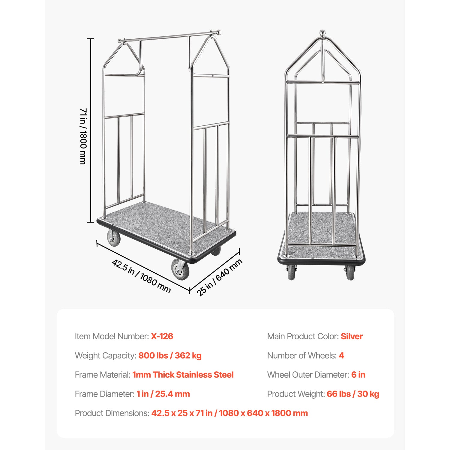 Hotel Luggage Cart 800 LBS Brushed Stainless Steel Finish Bellman's Cart - Non-slip Carpet Base