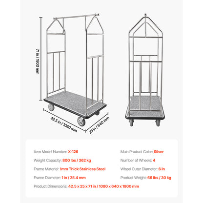 Hotel Luggage Cart 800 LBS Brushed Stainless Steel Finish Bellman's Cart - Non-slip Carpet Base