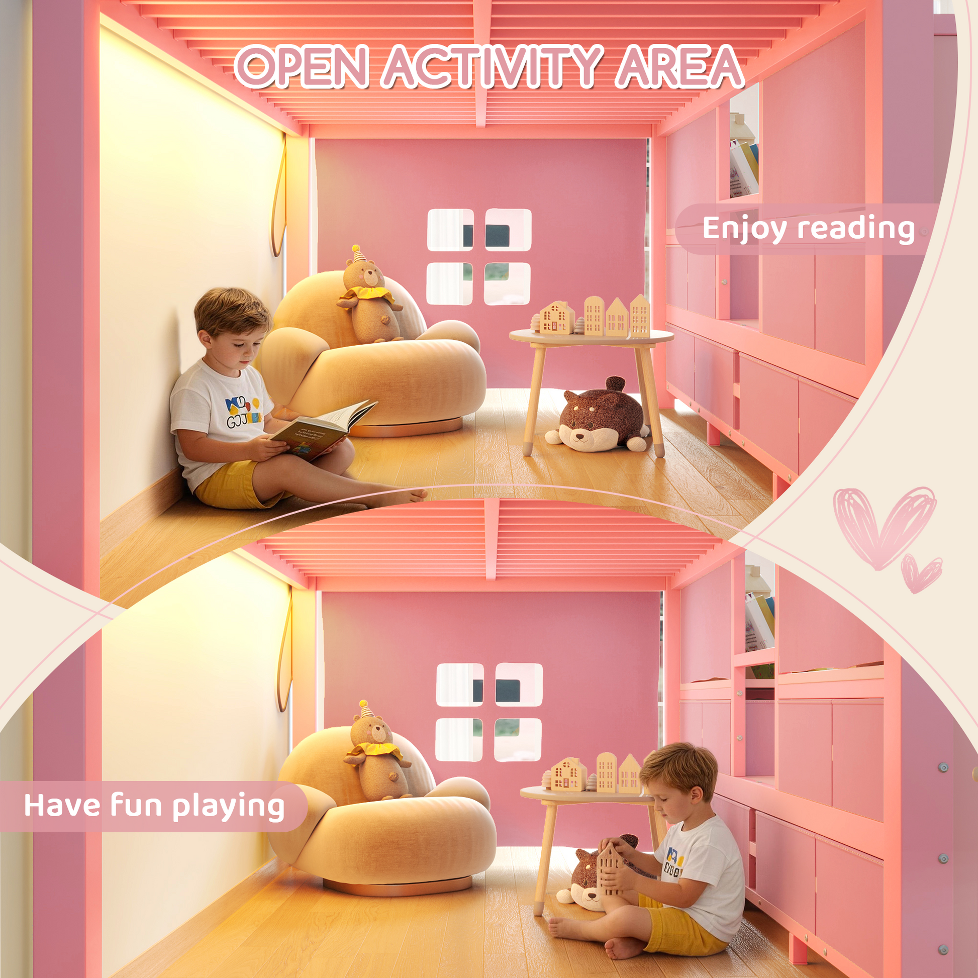 Twin Low Loft Bed with Multi-Storage Spaces, Including Fabric Drawers, Fabric Shelves Beside the Bed, Storage Stairs, Metal Loft Bed with Lights and Ample Under-bed Spaces, Pink image 8