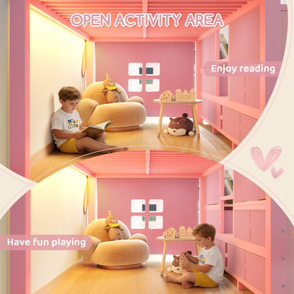 Twin Low Loft Bed with Multi-Storage Spaces, Including Fabric Drawers, Fabric Shelves Beside the Bed, Storage Stairs, Metal Loft Bed with Lights and Ample Under-bed Spaces, Pink image 8