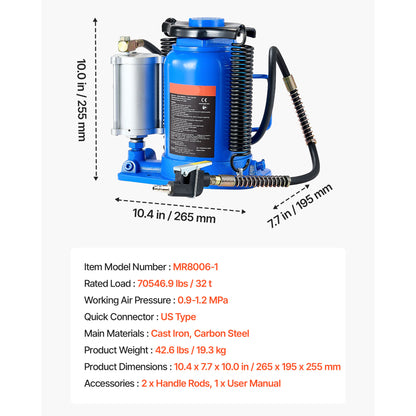 Air Hydraulic Bottle Jack, 32 Ton (70546.9 lbs) Capacity, 10-16.3 Inch Lifting Range, Pneumatic/Manual Heavy Duty Welded Bottle Jack with Pump for Car, SUV, Pickup, Truck, RV, Auto Repair, Blue image 3
