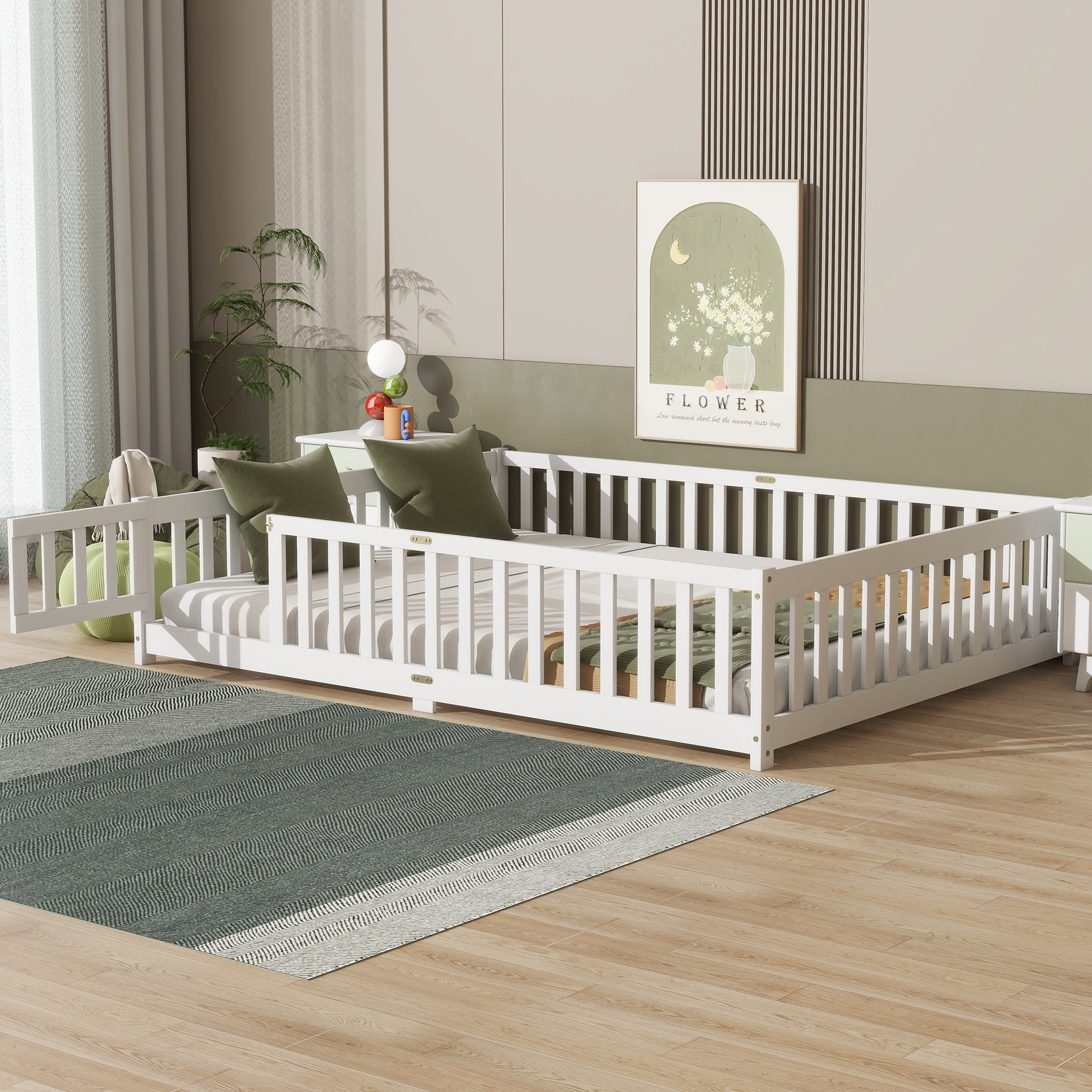 Queen Size Floor Bed with Fence,Door,Rubber Wood Floor Bed with Safety Guardrails,White image 3