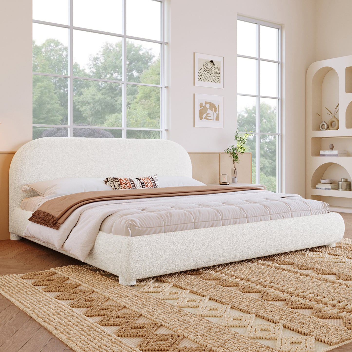 Cream Style Fabric Upholstered Bed, Simple Modern Bedroom Double Bed,King image 2