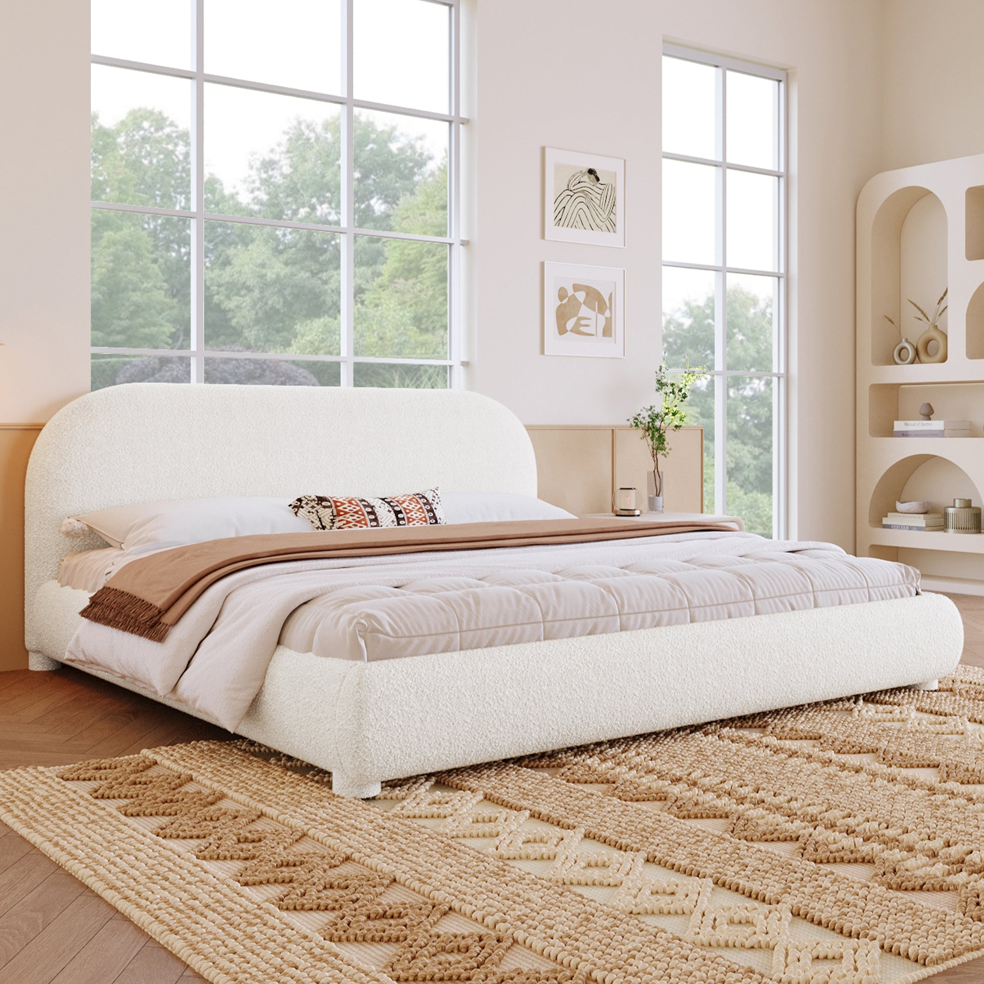 Cream Style Fabric Upholstered Bed, Simple Modern Bedroom Double Bed,King image 2