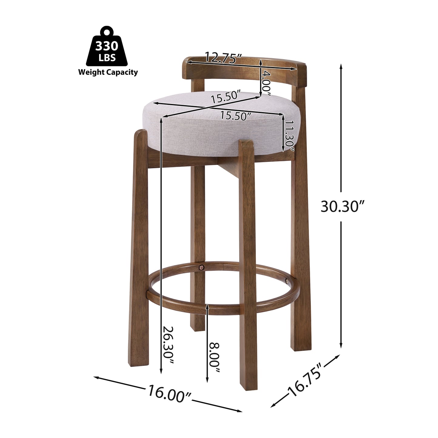 Elise Indoor Minimalist Rubber Wood Counter Height Bar Stool with Ring Footrest, Dark Walnut Finish with Ivory Upholstery, Set of 2 image 3