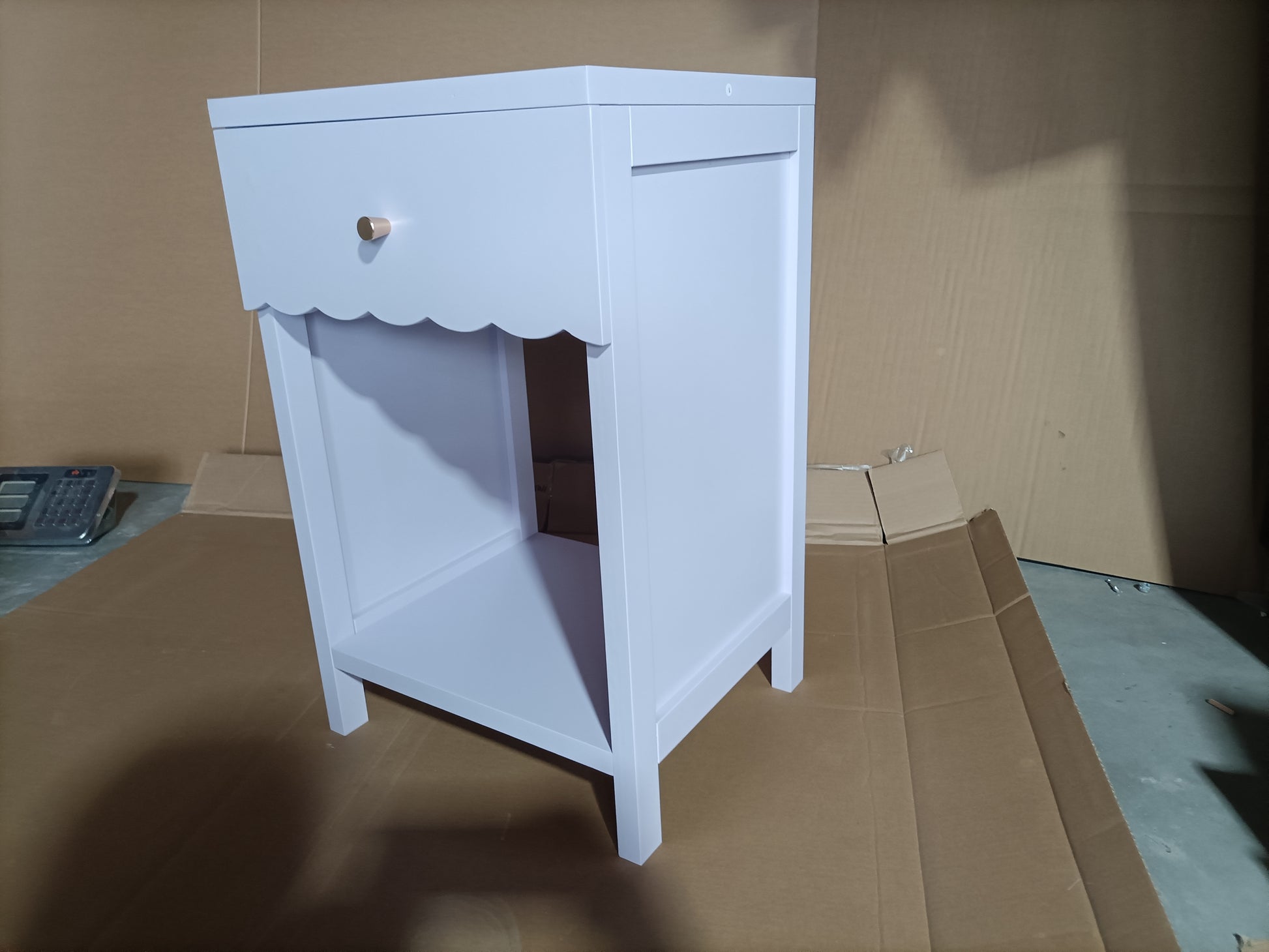 Modern Nightstand with Drawer and Open Shelf,Scalloped Edge Bedside Table for Bedroom, Cute Minimalist Side Table for Kids Room or Girls' Room,Light Purple image 9