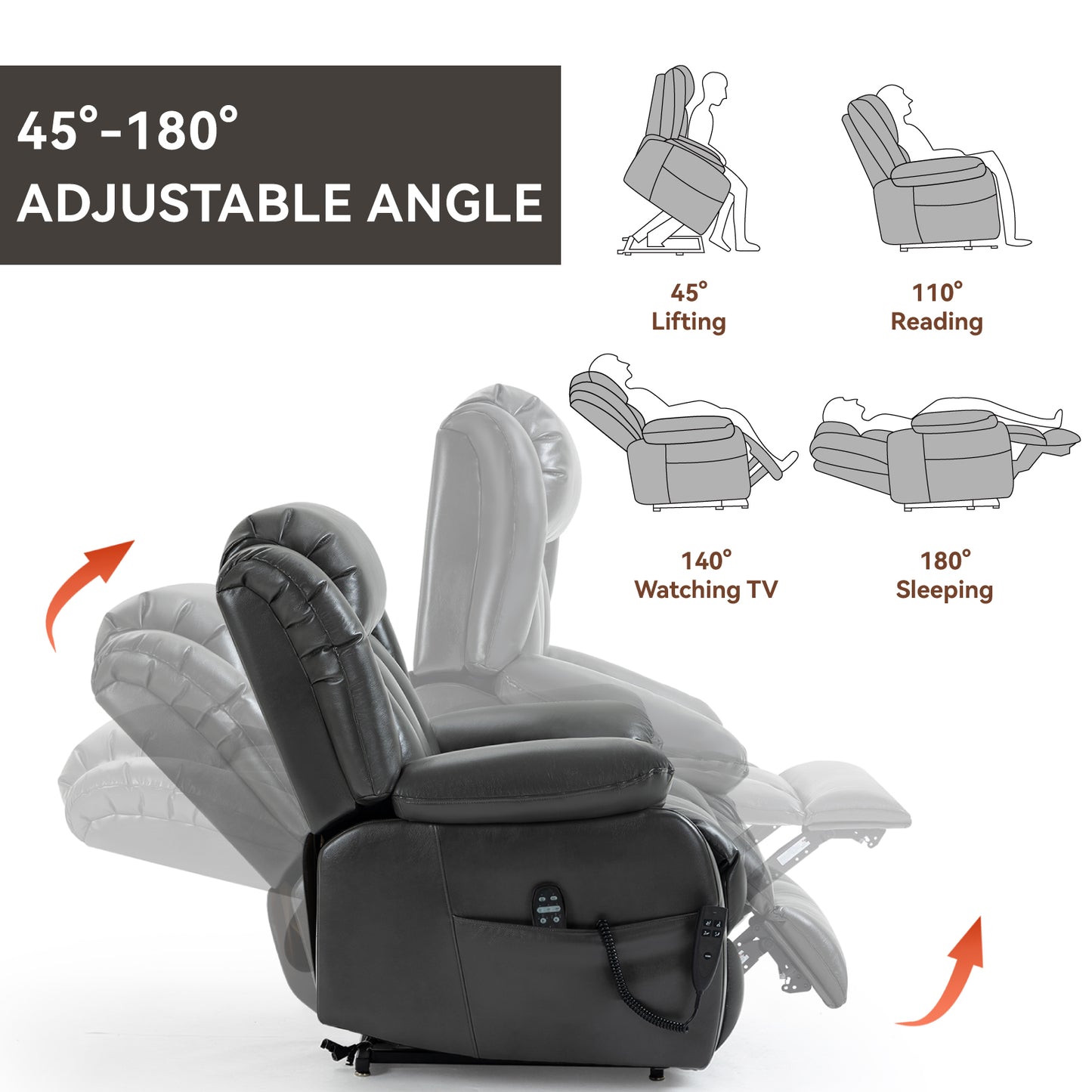 Dual Motor Infinite Position Up to 350 LBS Electric Medium size Leatheraire Grey Power Lift Recliner Chair with 8-Point Vibration Massage and Lumbar Heating image 6