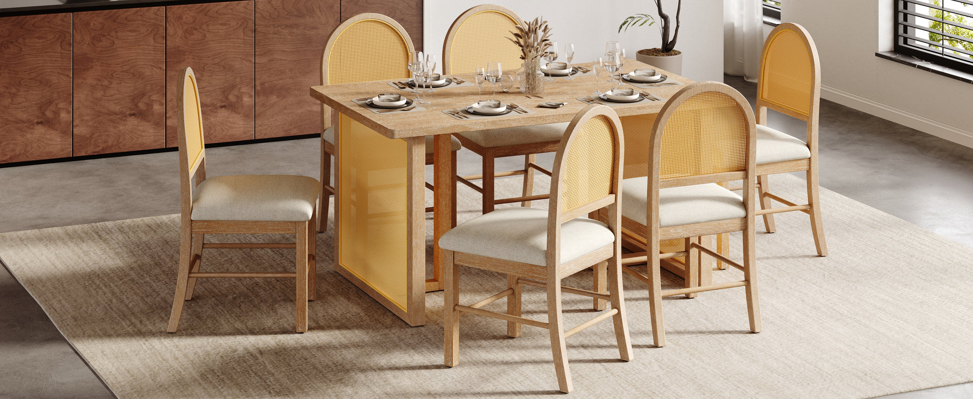 TREXM 7-Piece Farmhouse Dining Table Set for 6 - 59.8" Rectangular Dining Table with Distressed Oak Veneer and 6 Rattan Chairs, Rustic Kitchen Furniture for Dining Room(Natural) image 10