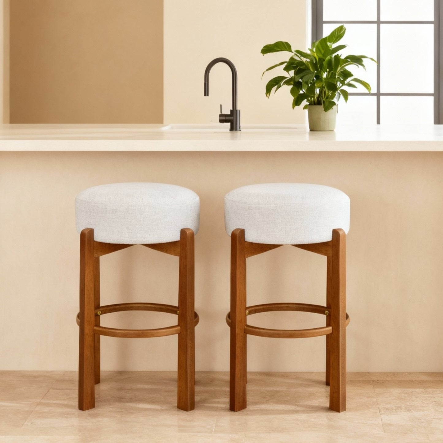Vera Indoor Wooden Upholstered Barstool, Walnut Finish and Ivory Upholstery, Set of 2 image 1