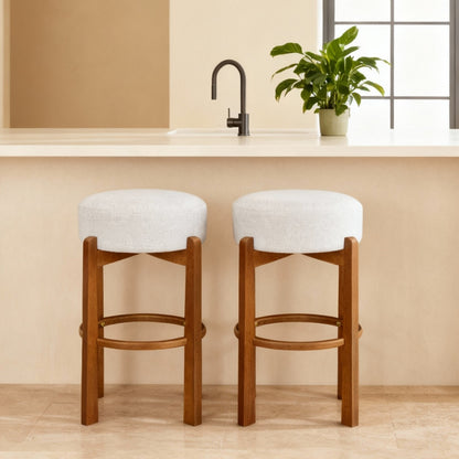 Vera Indoor Wooden Upholstered Barstool, Walnut Finish and Ivory Upholstery, Set of 2 image 1