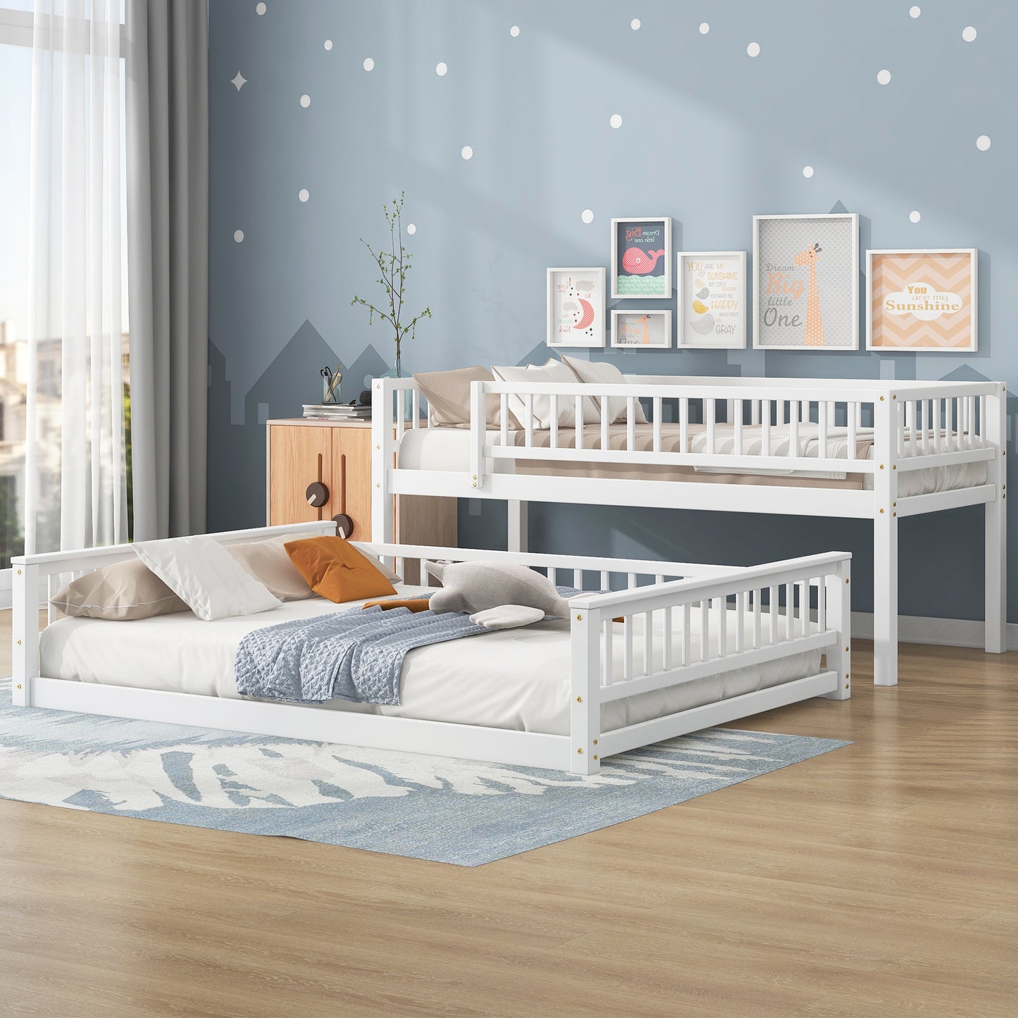 Twin XL over Queen Bunk Bed with Ladder and Guardrails, White image 2